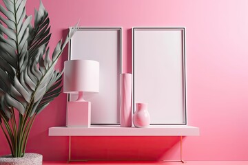 A pink background and two white photo frames with copyspace. Generative AI