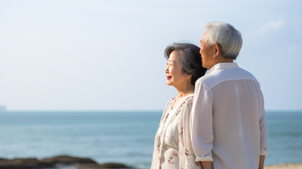 Portrait of a happy romantic Asian couple outdoors. Generative AI.
