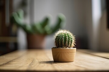 a small green cactus plant on a stylish oak table. Generative AI