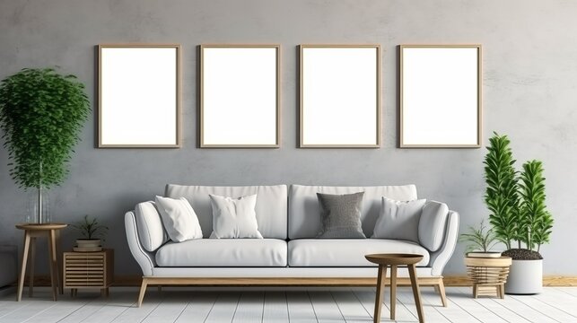 Mockup of paintings on a light wall above the sofa