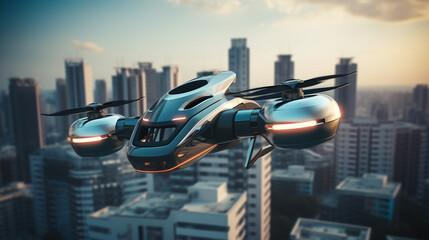 Fototapeta na wymiar futuristic passenger drone flying above high building in city. modern hi tech transportation. generative AI
