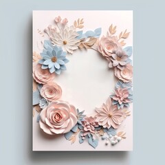 Invitation or greeting card mockup with 3D flowers. Card mockup with copy space on light background.