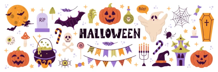 Fototapeten Halloween set of elements, ghost, pumpkin and bat. Vector is cute illustration in hand drawn style © Vetriya