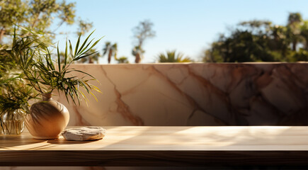 Fototapeta na wymiar Blank brown wooden counter table in soft sunlight