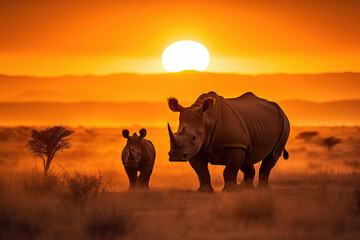Mother and baby rhino in the savanna at sunset. Amazing African Wildlife. Generative Ai - 622603427