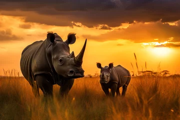 Küchenrückwand glas motiv Mother and baby rhino in the savanna at sunset. Amazing African Wildlife. Generative Ai © Shootdiem