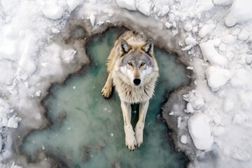 View from above of a wild wolf sitting on the frozen water. Amazing Wildlife. Generative Ai - obrazy, fototapety, plakaty