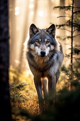 Obraz premium Portrait of Wild Grey wolf walking in the forest at sunrise. Amazing wildlife. Generative Ai