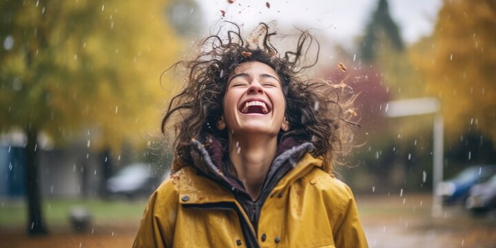 Young happy woman standing wearing yellow raincoat is feeling free and smiling under the rain, freedom, nature, generative ai