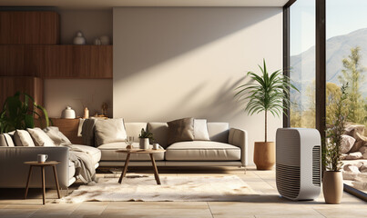 White modern design air purifier, dehumidifier in beige brown wall bedroom