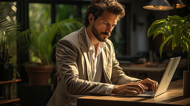 Handsome Caucasian Man Working On Laptop Computer While Sitting Behind Desk In Living Room. Freelancer Male Professional Writing An Important Email From Working From Home.