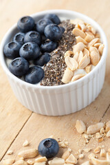 yogurt with blueberry, chia seeds and peanuts.