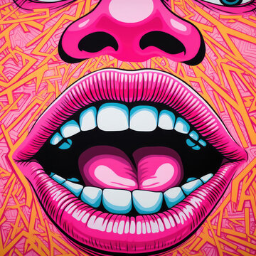 Pop art, intricate, pink background, mouth and fingers