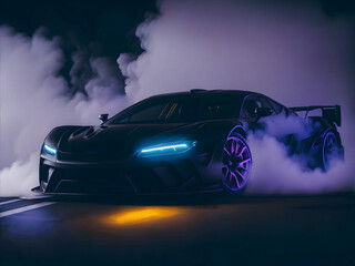 Plakat Black sports car drifting in neon smoke. Futuristic smart car technology. Generate Ai