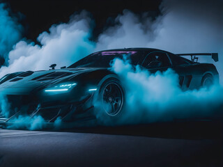 Sports car drifting in neon smoke. Futuristic smart car technology. Generate Ai