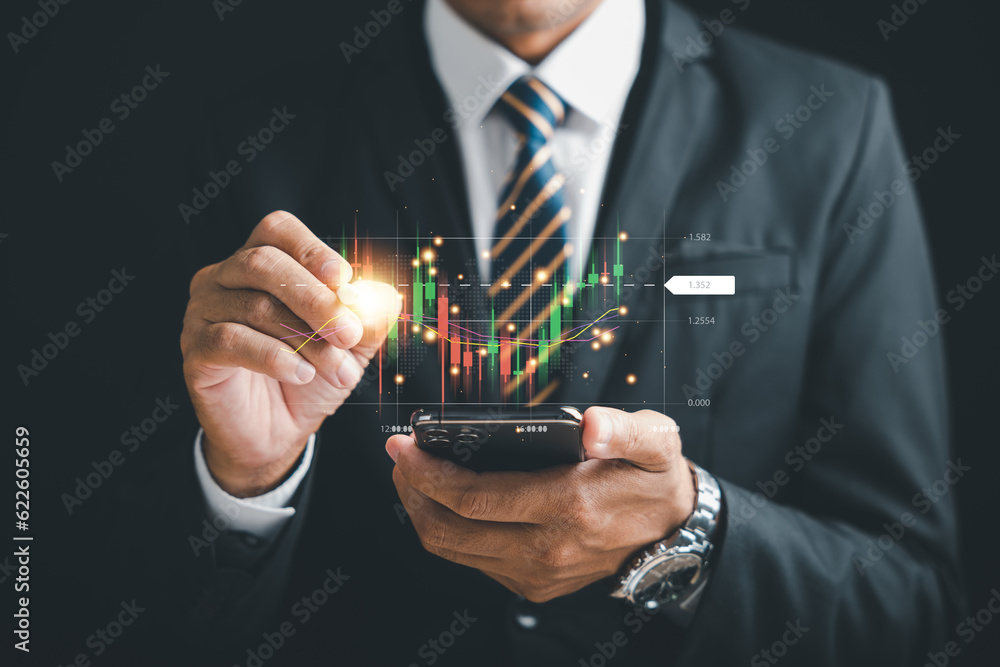 Aufkleber trader investor analyzing stock market trends and price movements on smartphone screen. successful o