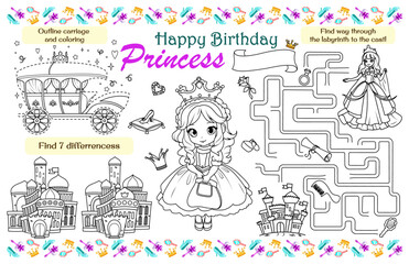 Festive placemat for children. Print "Happy Birthday Princess" sheet with maze, find differences and coloring page. 17x11 inch printable vector file