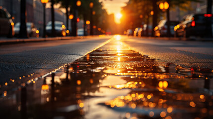  road in the middle of asphalt road at sunset. - obrazy, fototapety, plakaty