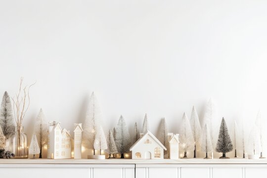 A white wall banner background with copy space and white Christmas house decor featuring trees on a wood shelf. Generative AI