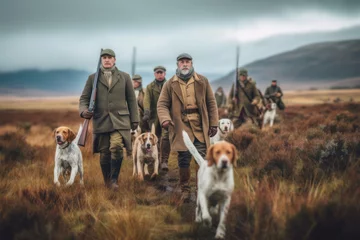 Stoff pro Meter A group of hunters dressed in traditional hunting attire, trekking through the wilderness with hunting dogs by their side, showcasing the camaraderie and adventure of the sport. Generative AI © bluebeat76