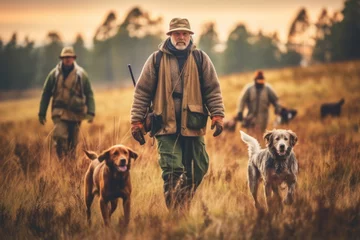 Foto auf Acrylglas A group of hunters dressed in traditional hunting attire, trekking through the wilderness with hunting dogs by their side, showcasing the camaraderie and adventure of the sport. Generative AI © bluebeat76