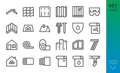 Roof icons set. Set of rooftop, roofing screw, metal tile, bitumen shingles, wavy sheet, drainage gutter, wool insulation, rainproof membrane, attic window, waterproof fiber, polycarbonate sheet icon © ElastoUI