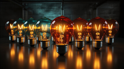 3D Rendering Of Bunch Classic Glass Light Bulbs With One Of Them Lighted On Dark Background With Reflection Surface.