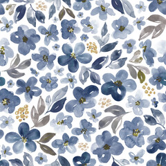 Watercolor floral in periwinkle, brown and ochre. Seamless pattern.  - 622606870
