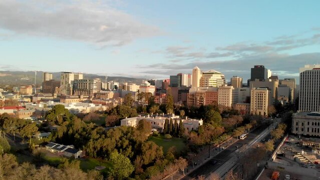 ADELAIDE, AUSTRALIA - SEPTEMBER 16, 2018: Going Up In The Sky With Adelaide Sunset Skyline. This Is The Main City Of South Australia