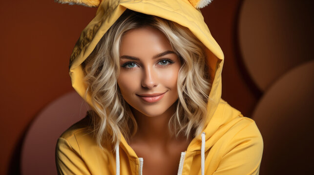 Cute fashion girl with a yellow hooded jacket