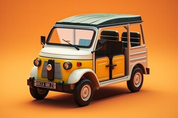 3d illustration tuk tuk, vintage jeep, thailand transportation orange background