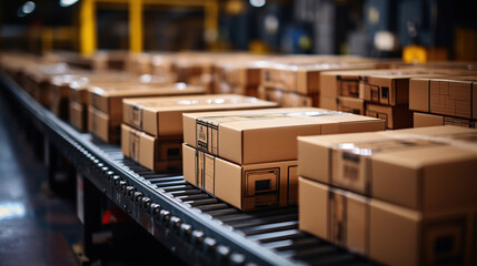 Closeup of multiple cardboard box packages seamlessly moving along a conveyor belt in a warehouse fulfillment center, a snapshot of e-commerce, delivery, automation and products. - obrazy, fototapety, plakaty