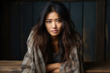 Fototapeta premium Frustrated and depressed young Asian woman, sad Asian female feel down thinking about problems.