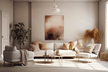 a sizable living area with armchairs, a sectional sofa, and cushions. Beige and white interior design hues are very on trend for 2022. Mockup of an empty wall. Stylish modern luxury. Generative AI