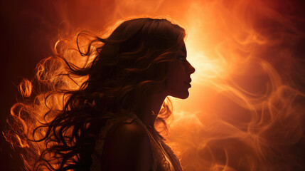 Silhouette of woman's head with waving hair, back light.