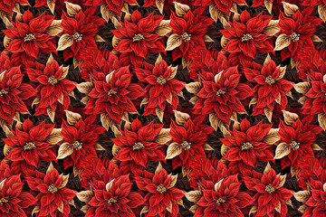 Poinsettia repetitive seamless tile pattern, poinsettias red and gold repetition, flora seasonal background, winter, Christmas, Xmas flower. Gold blooms. Generative AI.