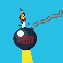 Businessman carrying dollar coins flying through debt iron ball isometric 3d vector illustration concept for banner, website, illustration, landing page, flyer, etc