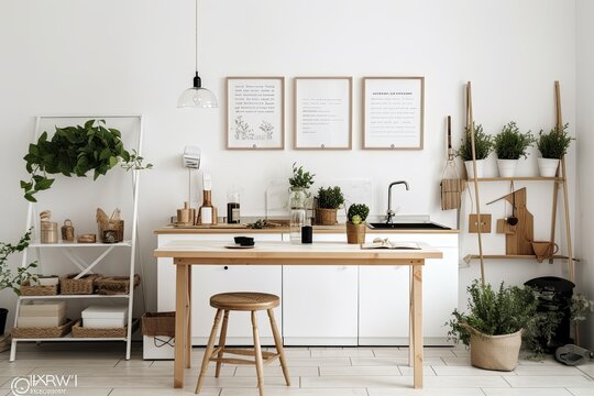 A retro kitchen layout features a modest table against a white wall, minimal chairs, a notebook, and herbs and veggies. Kitchen design with a minimalistic feel in the countryside. Natural weather