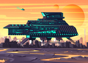 Hand-drawn vector illustration of a spaceship on a distant planet inhabited by people on the background of planets.