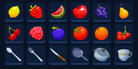 The hand drawn vector set of cartoon icons and symbols for fruits and vegetables and kitchen appliances.
