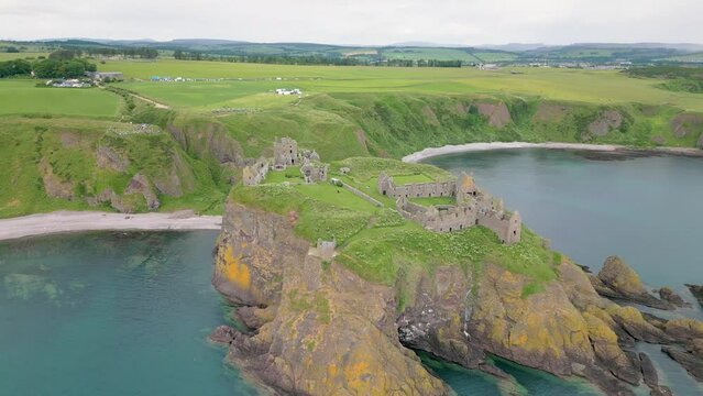 Aerial drone video of Dunnottar castle in Stonehaven, Scotland