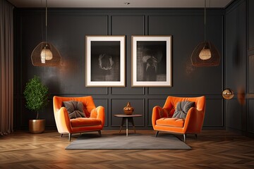 A unique seating room interior design features two canvases over orange armchairs adjacent to a grey wall, lamp, coffee table, and dark wood look flooring. idea for a living room. Mockup. Generative