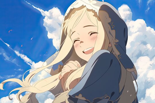 saint Bernadette, anime version with clouds in background, illustration, generative ai