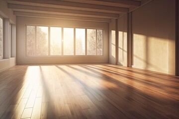 Fototapeta na wymiar a room that is completely empty, with big windows, and a wooden floor. Long shadows are being produced on the floor by the light coming through the windows. a mockup Toned picture. Generative AI