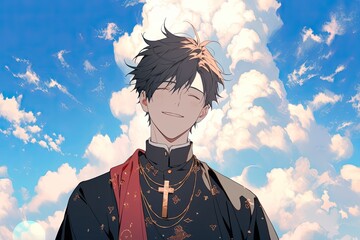 saint Thomas Aquinas, anime version with clouds in background, illustration, generative ai