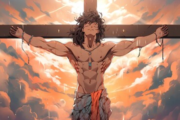 saint Sebastian, anime version with clouds in background, illustration, generative ai