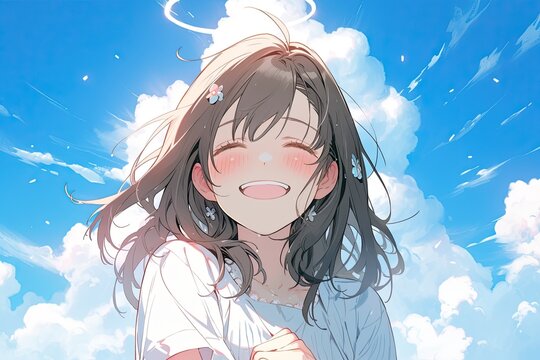 saint Raphael female version , anime version with clouds in background, illustration, generative ai