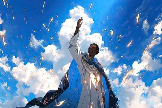 saint Martin de Porres, anime version with clouds in background, illustration, generative ai