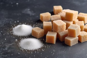 Brown, white cane sugar cubes and sugar substitute,sweetener. Generative AI