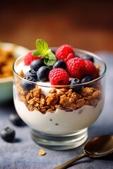 Breakfast parfait made from Greek yogurt and granola topped with fresh berries Generative AI